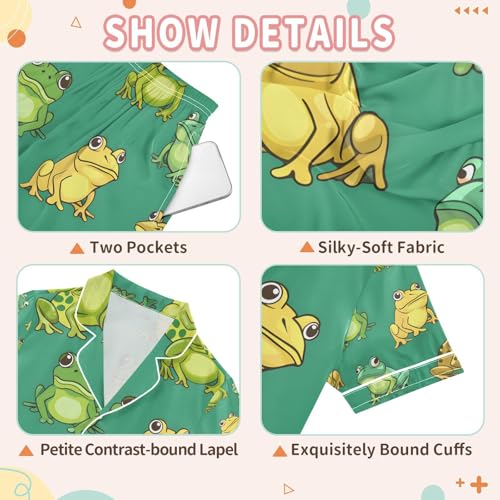 senya Cartoon Frogs Green Satin Summer Pajama Sets Silk Short Sleeve Button Down Sleepwear3