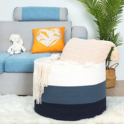 Mintwood Design Xxxxlarge 22 X 16 Inches Decorative Cotton Rope Basket, Blanket Basket Living Room, Laundry Basket, Toy Storage Baskets Bin, Round Woven Basket For Pillows, Towels, 3-Tone Blue #TOP3