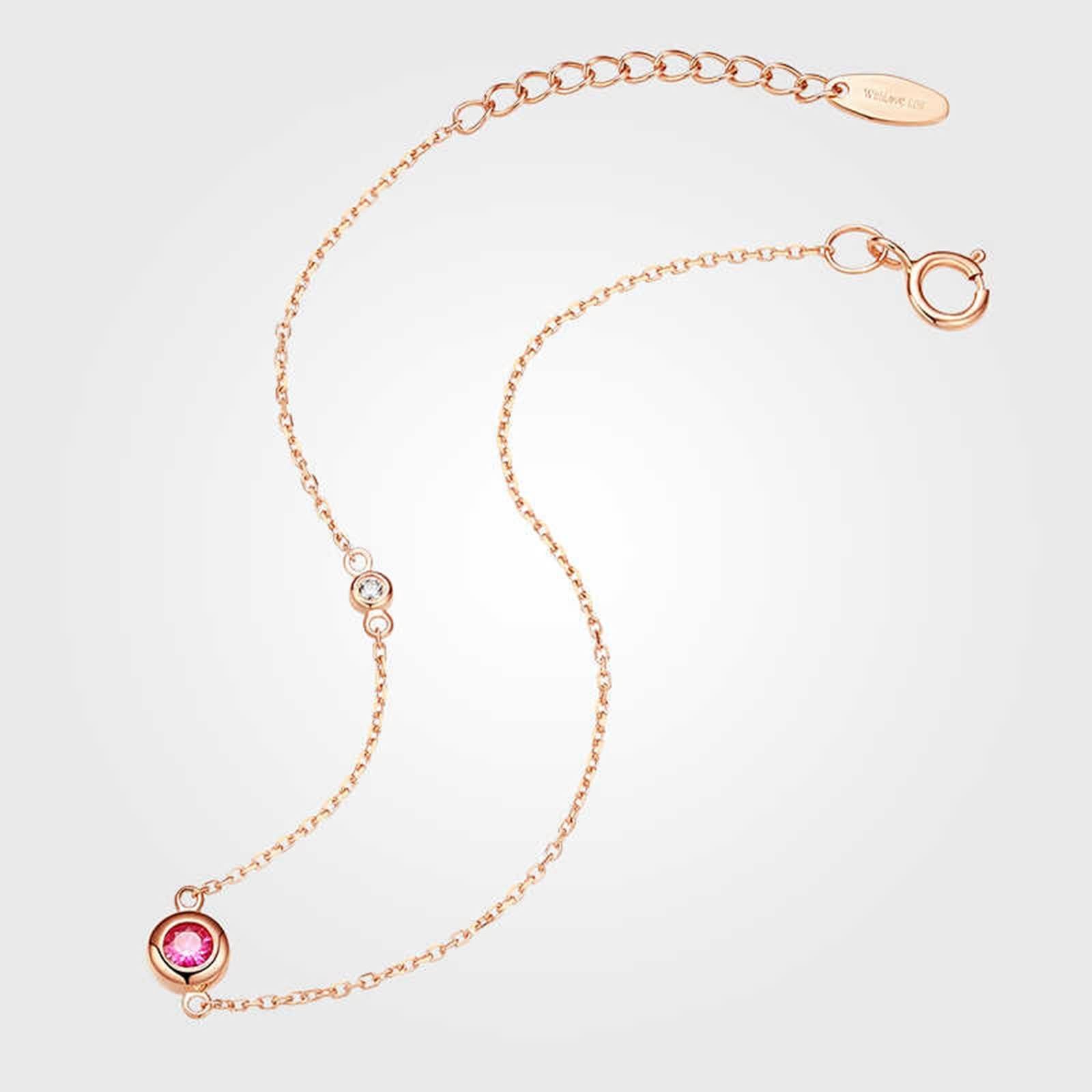 Pulseras Oro Rosa Mujer 9Kilates / 14Kilates / 18Kilates, Redondo con Rubí y Diamante, Cadena Extensible 16 CM + 5 CM, Pulseras Mujer de Oro Rosa