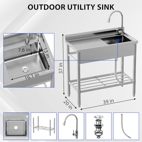 GarveeTech Freestanding Single Bowl Sink, NSF Commercial Restaurant Kitchen Sink Set with Faucet and Cold & Hot Water Pipe, Stainless Steel Sink for Kitchen, Bar, Garage, Backyard (39 in) - image 6