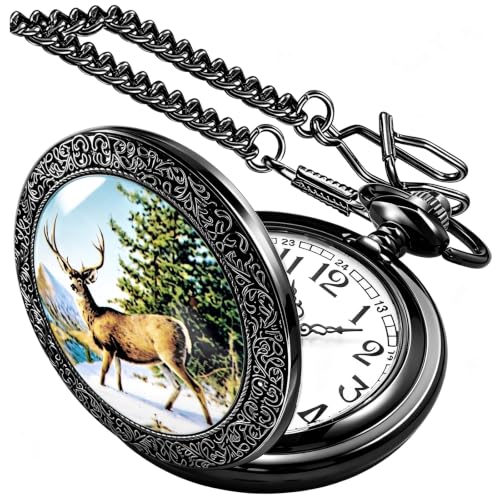 Image of Deer Pocket Watch for Men Pocket Watches with Chain Gift for Father's Day | Vintage Deer Case Pocket Watch Mens Quartz Watches with Chains Christmas Graduation Birthday Gifts Fathers Day