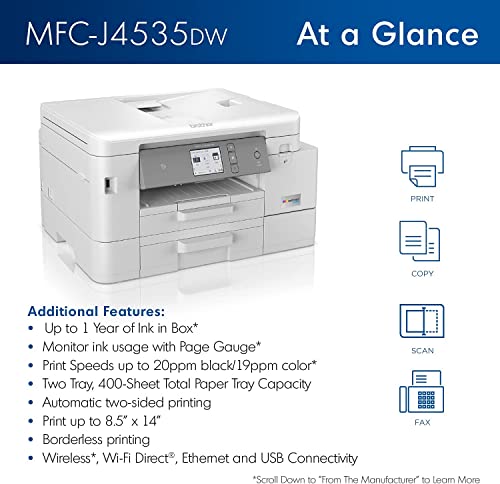 Image of Brother MFC-J4535DW INKvestment Tank All-in-One Color Inkjet Printer with NFC, Duplex and Wireless Printing Plus Up to 1-Year of Ink in-Box, Works with Alexa (Renewed), White
