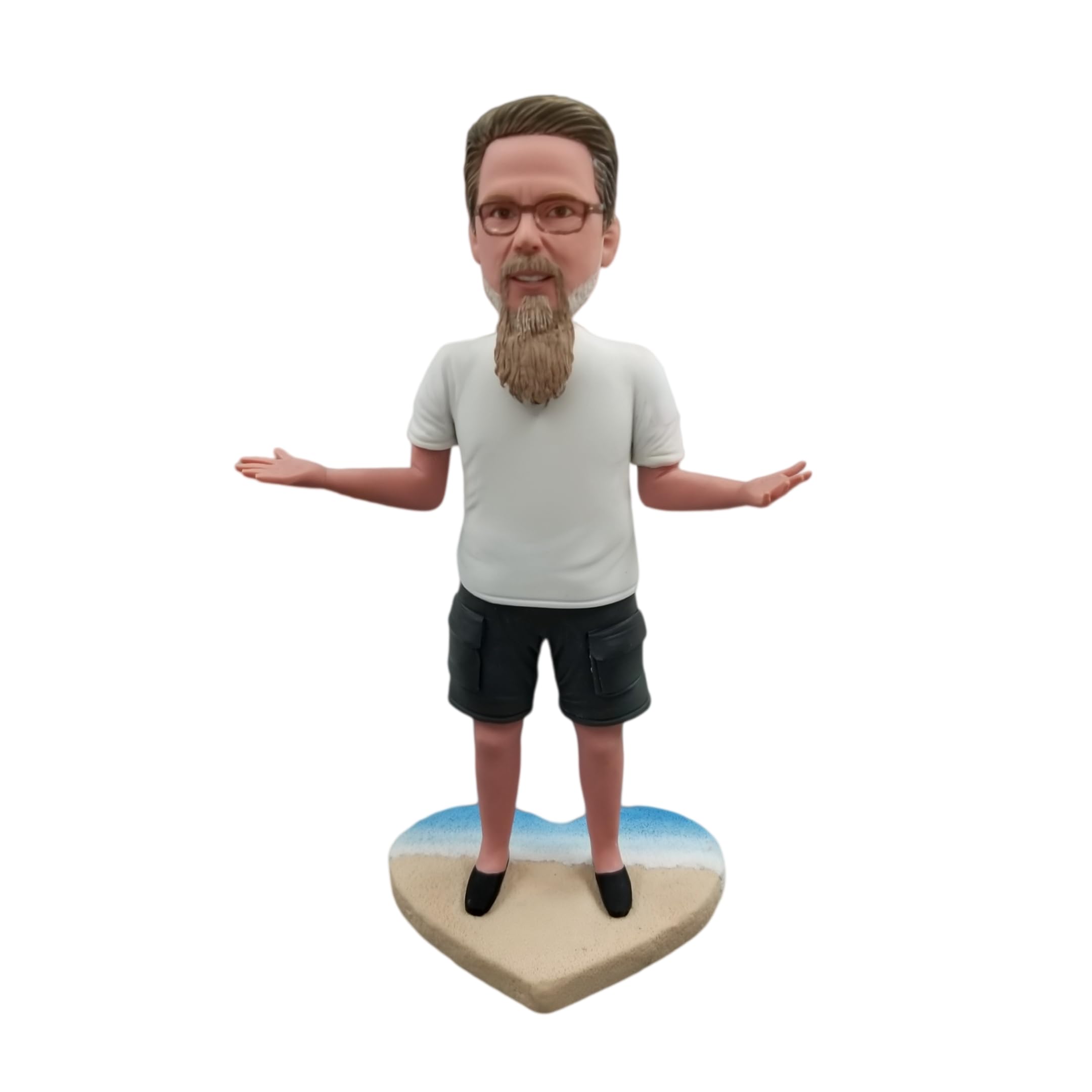 Figura 3D personalizada de Bobblehead, cabeza de cabeza bobuda de hombre casual barbudo en base de playa en forma de corazón, regalo personalizado para amantes de la playa, miembros de la