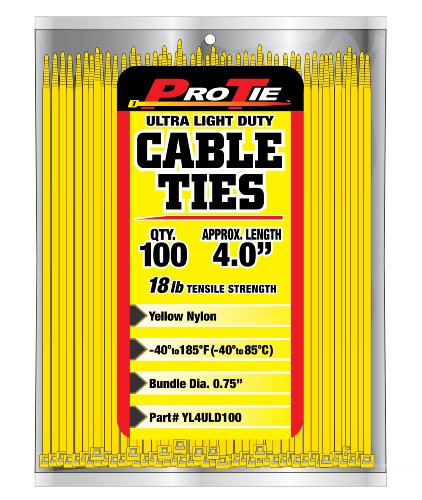 Pro Tie Ultra Light Duty, Self-Locking Nylon Cable Wire Ties for Indoor and Outdoor Use | 4-Inch, 18 lbs. Tensile Strength, Yellow Nylon, 100-Pack (PN: YL4ULD100)