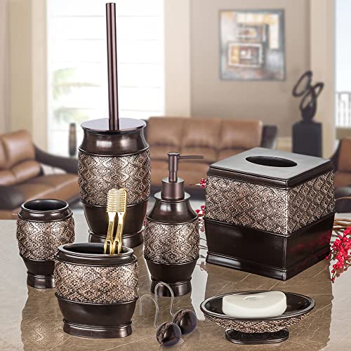Creative Scents Dublin 6-Piece Bathroom Accessories Set, Includes Decorative Soap Dispenser, Soap Dish, Tumbler, Toothbrush Holder, Tissue Box Cover And Toilet Bowl Brush (Brown) #TOP1