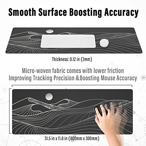 Image of Ovenbird Large Gaming Mouse Pad with Stitched Edges, Minimalist Mountains and Sun Desk Mat, Extended XL Mousepad with Anti-Slip Base, Desk Pad for Keyboard and Mouse, 31.5 x 11.8 in, Black