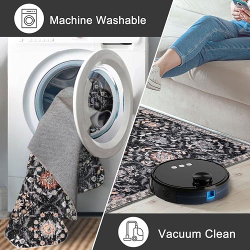 KILOCOCO 2x6 Runner Rug, Moroccan Super Soft Washable Hallway Runner Rug, Accent Print Faux Wool Kitchen Runner Rug 6 Feet Non-Slip Boho Rug Runners for Laundry Room Bedroom, Charcoal/Multi