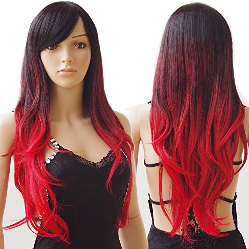 Long Ombre Cosplay Hair Wig Women Wavy Synthetic Costume Wig 28" Black to