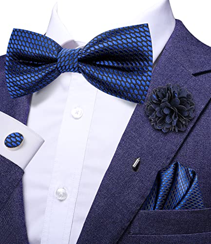 Image of Hi-Tie Bow Ties for Men Pre-Tied Pocket Square with Cufflinks Mens Bowtie Sets for Wedding Formal Party