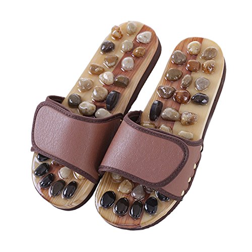 足つぼ マッサージ スリッパ 健康 サンダル レザー天然石 (S 24.5~25.5, ブラウン)