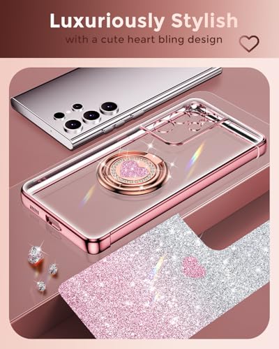 Image of XYZ for Samsung Galaxy S23 Ultra Case with Stand, Galaxy S23 Ultra Case with Double Ring, Women Girls Bling Luxury Glitter Clear Phone Case Cover Heart for Samsung Galaxy S23 Ultra, Rose Gold