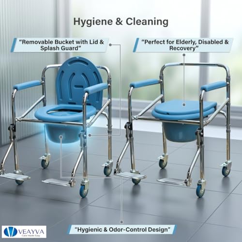 Image of Veayva Heavy-Duty Commode Chair with Wheels, Footrest & Adjustable Seat - Portable Toilet Chair for Elderly, Disabled, and Patient Care