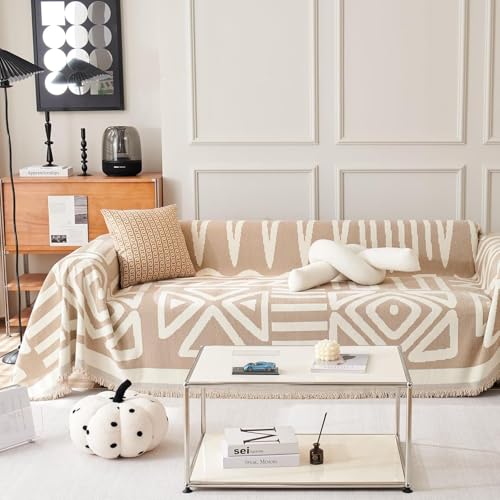 Image of Styleys Chenille Sofa Cover - Reversible Sofa Towel & Blanket | Soft, Anti-Slip, Washable Couch Protector for Living Room & Lounge - 3 Seater - 330X180cm, Khaki, XNESMSFJ-3C