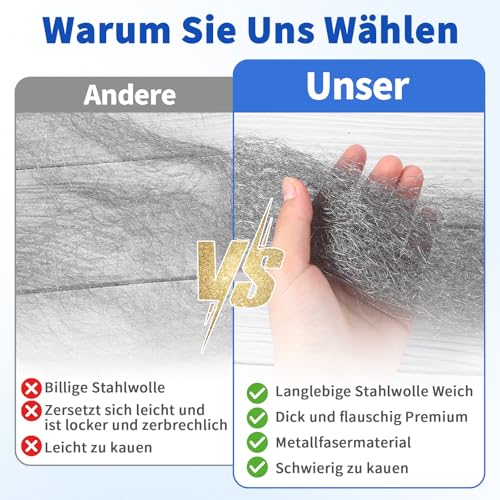 Stahlwolle Gegen Mäuse, Stahlwolle 00 Mäuse Vertreiben, Dämmwolle Bauschaum Gegen Mäuse, 5 Meter pro Rolle, Handschuhe und Schere Inklusive, für Löcher Risse in den Wänden des Hauses (8 Rolle)
