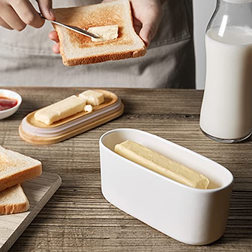 Dowan Porcelain Butter Dish, Covered Butter Container With Wooden Lid For Countertop, Airtight Butter Keeper With Covers For East West Coast Butter, White #TOP7