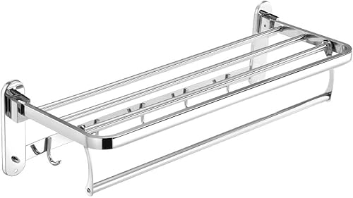 Bath Towel Rack 23.6 Inches Stainless Steel Towel Rack,Foldable Wall Mounted Double Towel Holder,Polished 304 Stainless Steel 5 Hooks Towel Shelf
