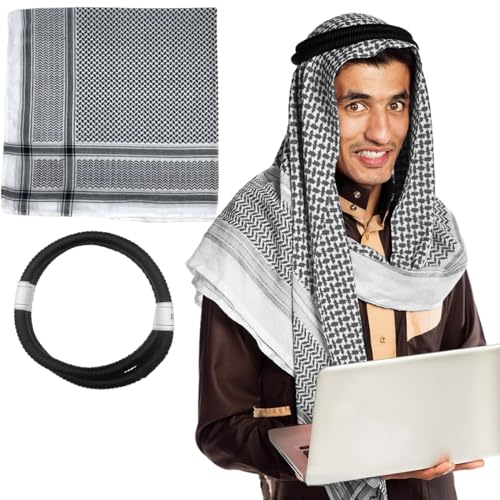 Image of PENINSULA LOVE Men Arab Shemagh keffiyeh Scarf Muslim Turban Middle East Desert Hijab Head Wrap Shemagh with Aqel Rope 54x54
