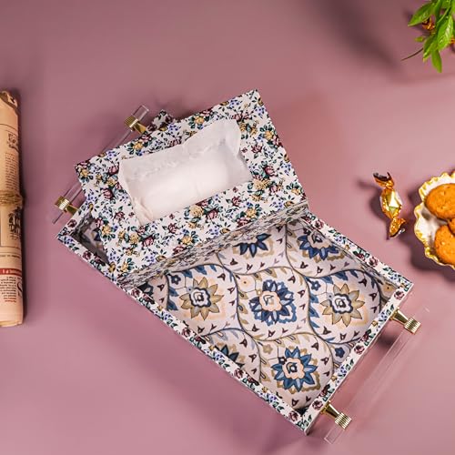 Image of Art Street Premium Serving Tray and Tissue Holder /Tissue Paper Case Dispenser Combo for Kitchen, Dining, Home and Office (Flowers Printed, Tray Size 8x17 Inch, Tissue Holder 6x9 Inch)