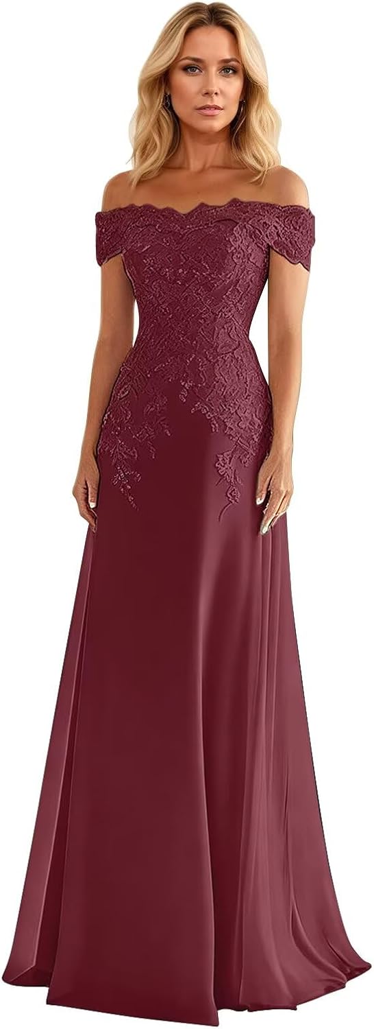 RYANTH Lace Appliques Chiffon Mother of The Bride Dresses for Women Off Shoulder A Line Formal Evening Gowns
