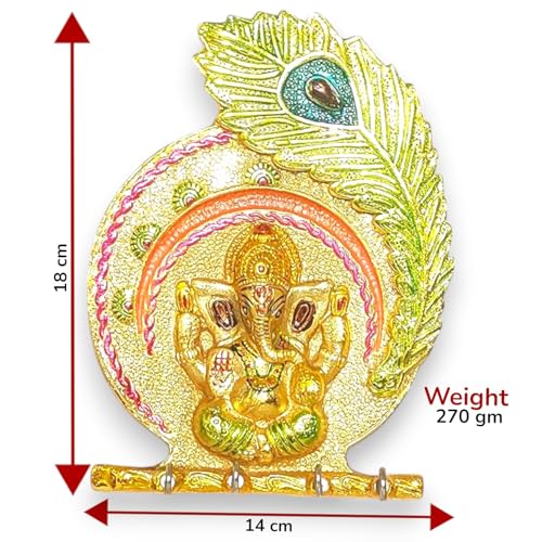 Image of KridayKraft Metal Ganesha ji Key Holder with Meena Work Decorative for Wall | Ganesh Statue /Religious | Idol /Wall Hanging (Ganesh Pankhi MENA)