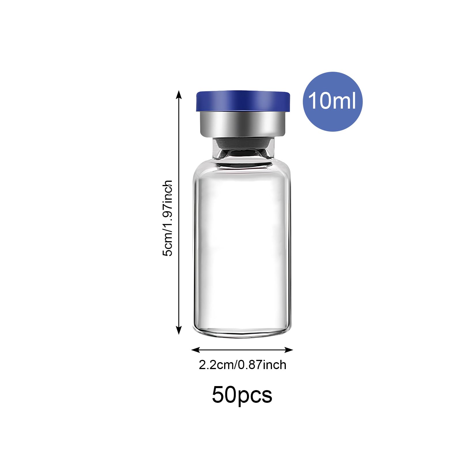 50 pezzi 10 ml Fiale per campioni, Fiale in Vetro Trasparente con Porta di Iniezione Autorigenerante, Flacone vuoto con tappo in gomma butilica e chiusura a scatto