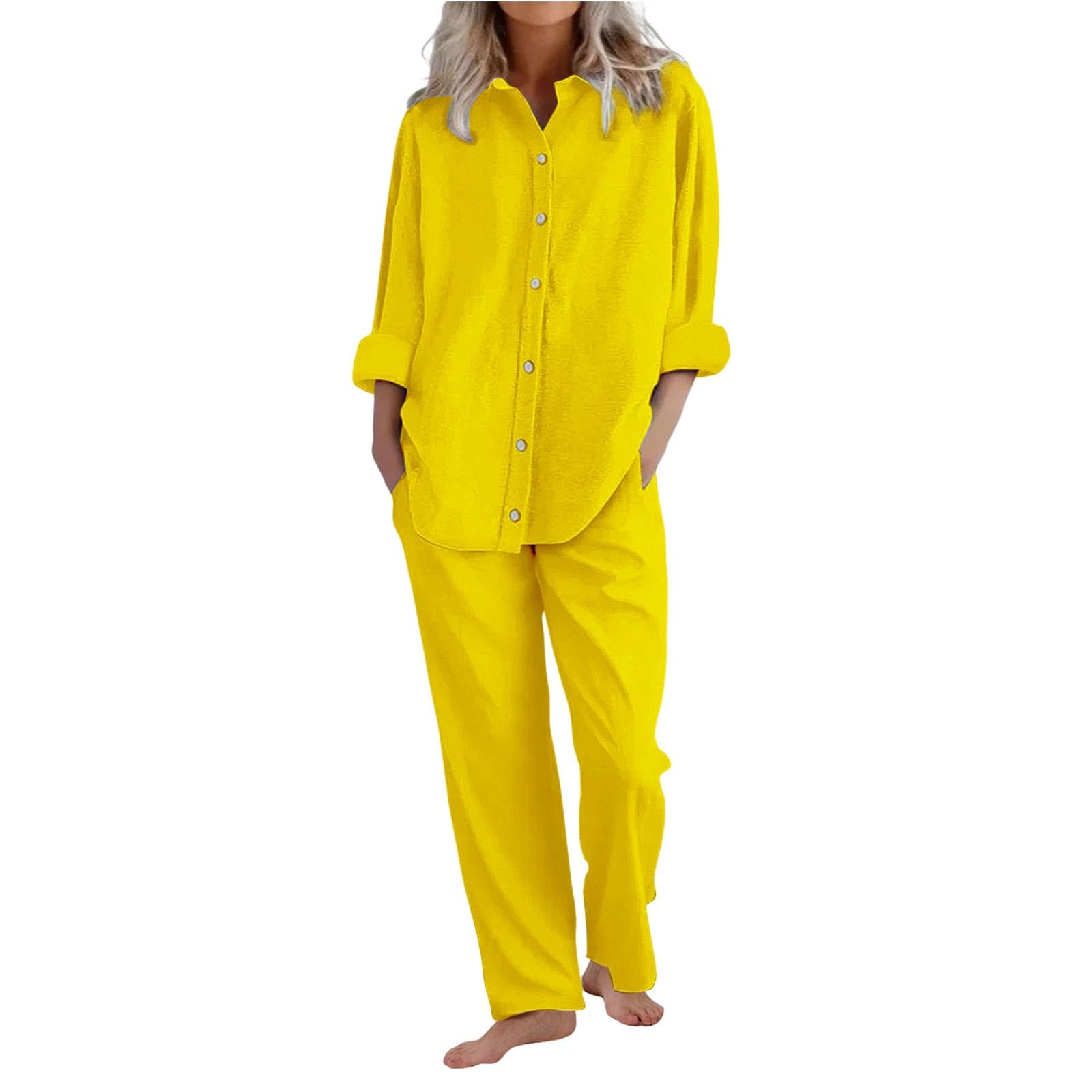 Lounge Sets for Women - Cotton Linen Pants Sets Summer Oversized Long Sleeve Button Shirt Casual Outfits Comfy Suit