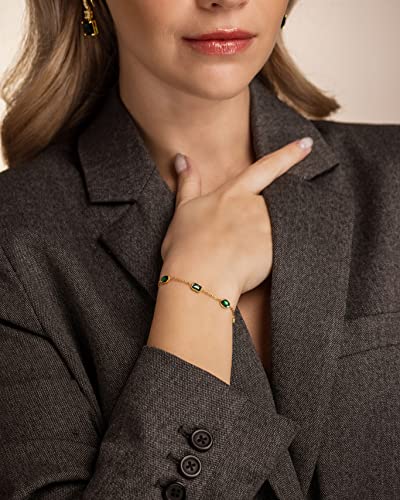Tennis Bracelets for Women, Green Emerald Zircon Tennis Bracelet, 18K Gold Plated, 6 Inch Rolo Chain, Lobster Claw Clasp2