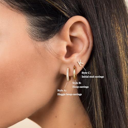 Ritach Gold Earrings for Women Girls - 3 Pairs Gold Huggie Hoop Earrings CZ Initial Stud Earrings for Women Teen Girl Gifts Hypoallergenic Cartilage Earring Set for Multiple Piercing3