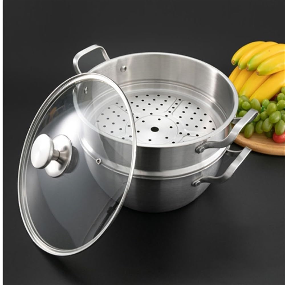 Pentola per cottura a vapore in Acciaio INOX, pentola per cottura a vapore per Uso domestico, pentola per cottura a vapore (Argento 28 cm)