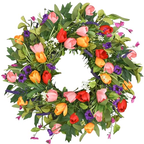Qingbei Rina Spring Wreaths for Front Door, 22-24 Inch Easter Door Wreath for Decorating with Colorful Tulip, Lavender and Eucalyptus, Indoor Outdoor Floral Wreath Party Farmhouse Wedding Home Decor