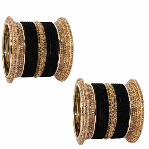 Image of NMII Non-Precious Metal with Base Metal and Studded with Zircon Gemstone Glossy Finished Traditional Velvet Bangle Chuda set for Women and Girls