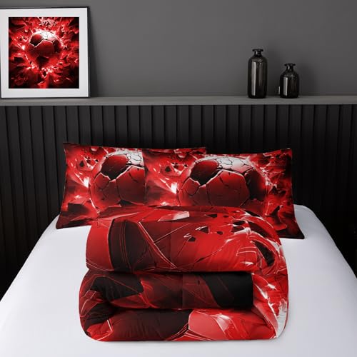 Image of Nttopship Soccer Bedding Comforter Set King Size for Kids Teens and Adults, Red and Black Football Printed Bedding Sets 3 PCS,Ball Sports Themed Bedroom Decor with 1 Comforter and 2 Pillowcases