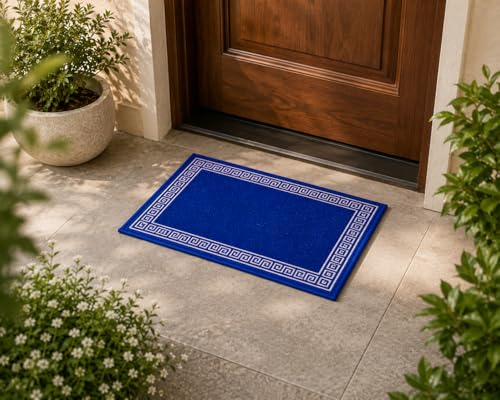Image of Matz&More Greek Single Line Floor Mat | 40x60 CM | Blue White | Nylon Tufted Gel Baking Anti-Slip | Doormat for Home Entrance, Kitchen & Bedroom