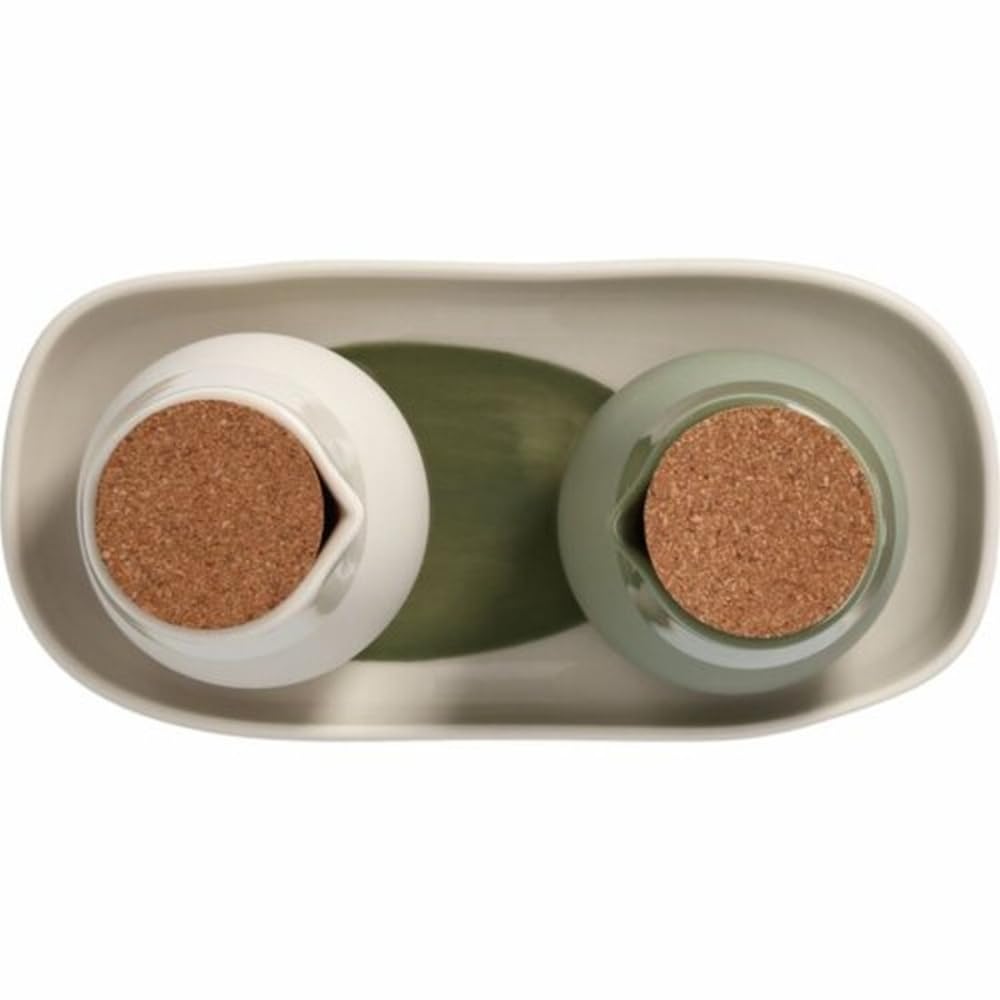 Räder Essig & Öl Menage „Cucina Italiana“ – 3-teiliges Set aus Steinzeug – Ölspender & Essigflasche mit Korkverschluss – Beige & Grün | Steinzeug, Ölspender & Essigflasche, Korkverschluss