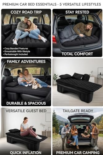 Image of Premium Car Inflatable Bed with Pump & 2 Air Pillows | Quick Inflate Back Seat Mattress | Universal Fit Car Bed for Travel, Camping, Kids, Picnic & Road Trips