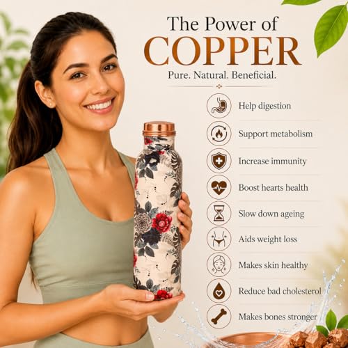 Image of Pure Copper Water Bottle - Handcrafted - Ayurveda health benefits - Large 1000 ml - Leak proof - Easy to carry for Sports, Fitness, Yoga, School- White Base Indigo Blue Floral Peacock Enamel