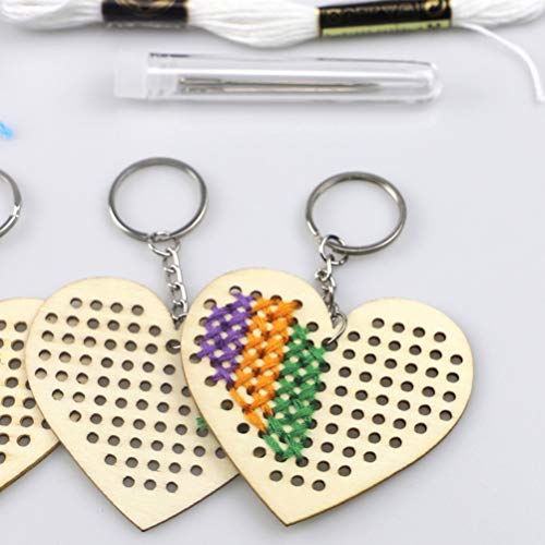 Image of EXCEART 5pcs Heart-Shaped Wooden Cross Stitch Keychain Kit DIY Craft Decoration Handmade Bookmark Set Embroidery Accessories for Beginners Random Colors