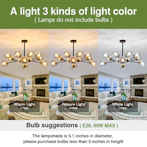 Image of 12-Light Glass Chandelier,Large Sputnik Chandeliers for High Ceilings, Rustic Ceiling Lighting Fixture Pendent Light for Kitchen Dining Room Living Room Bedroom Office (Black).