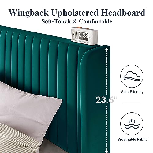 Allewie Queen Size Bed Frame/Velvet Upholstered Platform Bed/Vertical Channel Tufted Wingback Headboard/Strong Wooden Slats/No Box Spring Needed/Easy Assembly/Teal
