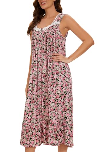 Image of AVIIER Cotton Nightgowns for Women Sleeveless House Dress Ladies Long Nightdress with Pockets S-XXL