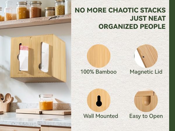 Image of RIVAA Eco-Friendly Bamboo Trash Bag Holder - Complete with Built-in Dispenser, Removable Hinged Lid, and Sleek Design for Space Saving and Convenience!