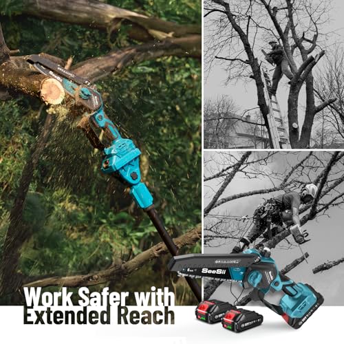 SEESII PS620 2-in-1 Electric Pole Saws: 6 Inch Mini Chainsaw Cordless with Extension Pole, 2Pcs Batteries, Brushless Chain Saw for Limb Branch Cutter, Battery Tree Trimmers Pruner,16Ft Long Reach - Image 7