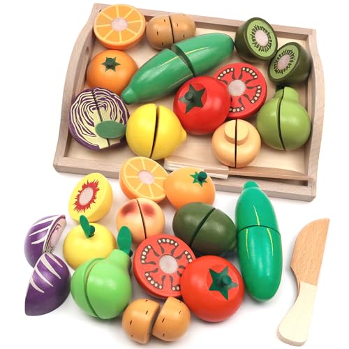 Wooden Cutting Fruit Vegetables Set for Kids - Pretend Play Food Toy Set with Wooden Knife and Tray Learning Toys for Toddlers (Fruit-E)