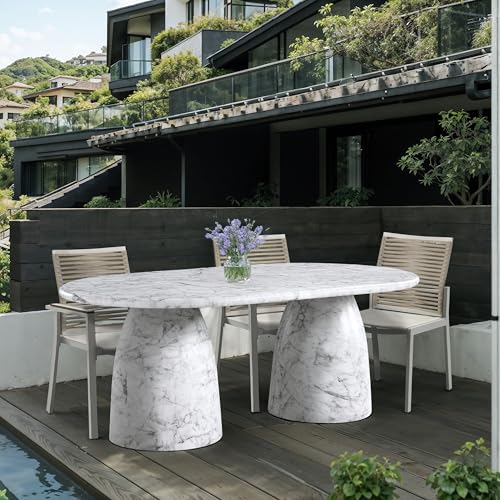 Image of Meridian Furniture 702White-T Cosenza Collection Art Deco 78 inch Indoor /Outdoor Concrete Dining Table with White Marble Finish, 78 inch W x 44.5 inch D x 30 inch H, White