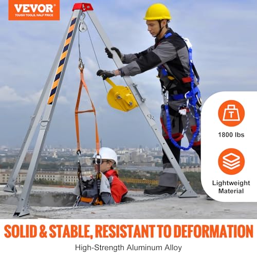 Image of VEVOR Confined Space Tripod Kit, 1800 lbs Winch, Confined Space Tripod 7' Legs and 98' Cable, Confined Space Rescue Tripod 32.8' Fall Protection, Harness, Storage Bag for Traditional Confined Spaces