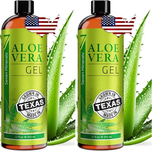 Seven Minerals Organic Aloe Vera Gel from freshly cut 100% Pure Aloe - Big 12oz - HighestQuality, Texas grown, Vegan, Unscented - For Face, Skin, Hair, Sunburn relief