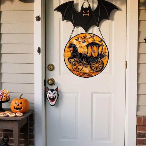 Image of Stained Glass Window Hanging - Halloween Pumpkin Carriage Suncatcher for Doors Window Garden Indoor Spooky Funny Orange Sun Catchers Gothic Decor Horror Gifts for Women Men Friend 6.3 in