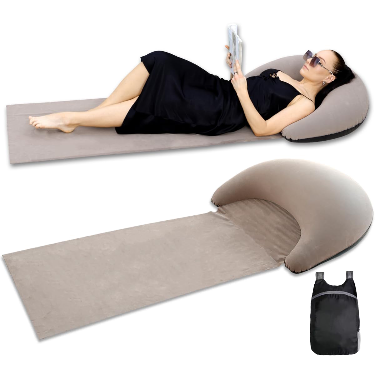 Photo 1 of Inflatable Beach Mat Lounge Chair, Outdoor Sunbathing Sleeping Pad with Inflatable Pillow, Portable Flocking Beach Lounge Chair, Suitable for Lawn, Outdoor Camping, Travel, Beach Vacation (Khaki)