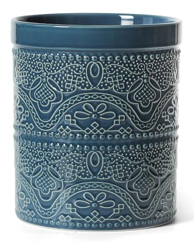 Image of FUN ELEMENTS Kitchen Utensil Holder, 7.2 inch Super Large Utensil Crock Heavy and Stable Lace Emboss Ceramic Utensil Holder for Kitchen Counter (Grayish Blue)