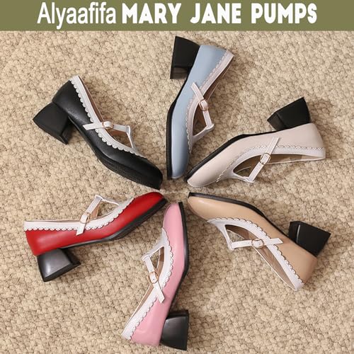 Alyaafifa Cute Block Heel Mary Jane Pumps for Women Closed Square Toe Ankle T-Strap Two-Tone Matte Leather Low Heel Dress Shoes Comfortable Casual Working Party Prom Wedding4